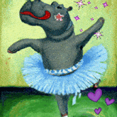 a hippopotamus is wearing a blue tutu and dancing