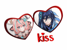 two hearts with a girl and a boy in them and the word kiss