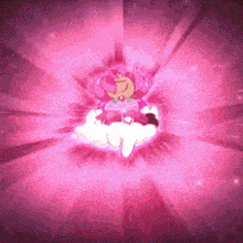 a cartoon character is flying through a pink explosion