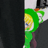 a cartoon character in a green hoodie with a blue eye