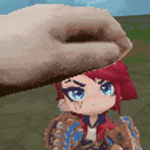 a pixel art of a person putting a hat on a girl 's head .