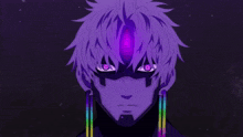 a man with purple hair has a purple eye