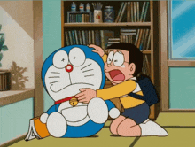 a cartoon of a boy kneeling down next to a doraemon