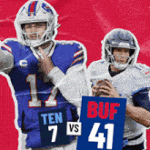 two football players are holding signs that say ten vs 41