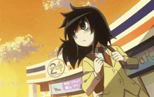 a girl is standing in front of a store that says 24 hour