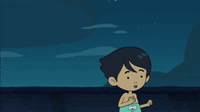 a cartoon of a boy standing next to a bird with a wrench belt