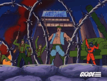 a group of soldiers are standing in front of a barbed wire fence