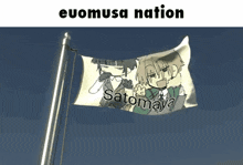 a flag with a picture of a boy and a girl and the words satomaya on it