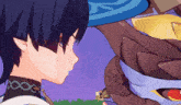 a close up of a cartoon character 's face with a blue hat on
