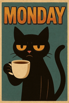 a poster with a black cat holding a cup of coffee and the word monday above it
