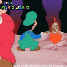 a cartoon of a man holding a torch with super mario world written above him