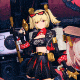 a girl holding a gun in front of a sign saying sons of