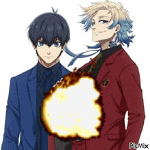 a couple of anime characters standing next to each other with a explosion behind them .