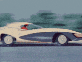 a cartoon drawing of a man driving a sports car