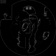 a black and white drawing of a person 's face with the word be on the bottom .