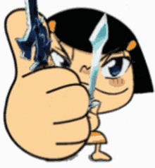 a cartoon girl is holding two swords in her hand and giving a thumbs up
