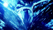 a person 's hand is reaching out towards a blue background with a few lines of light coming out of it