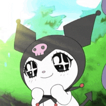 a close up of a cartoon character with a skull on her head and a tail .