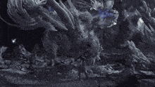 a black and white image of a monster with a blue light coming out of its eyes