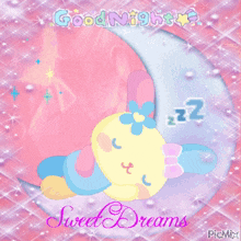 a picture of a bunny sleeping on a crescent moon with the words good night sweet dreams