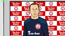 a cartoon of a man in front of a tee-hee mobile background