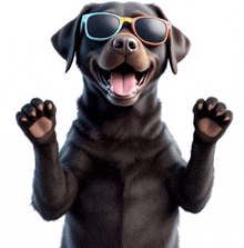 a black dog wearing sunglasses and raising its paws