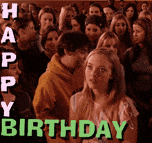 a group of people are gathered in a room with the words happy birthday on the bottom