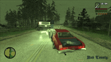 a video game screen shows a car driving down a road and the time is 16:34