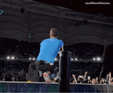 a man in a blue shirt is kneeling down in front of a crowd at a concert