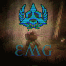 a silhouette of a person holding a sword with the word emg in blue