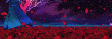 a couple of people standing in a field of red flowers .