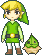 a pixel art drawing of a boy in a green outfit standing next to a green plant .