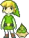 a pixel art drawing of a boy in a green outfit standing next to a green plant .