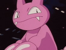 a close up of a pink cartoon character with white eyes and teeth