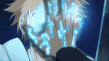 a close up of a person 's face with blue lights coming out of his eyes