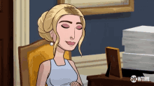 a cartoon of a woman sitting at a desk with showtime written on the bottom