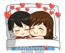 a boy and a girl are sleeping in a bed with hearts around them and the words `` good night love you '' .