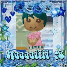 a picture of a girl with green hair is surrounded by blue flowers and the words haaaaiiii