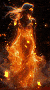 a woman in a burning dress is surrounded by fire