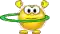a yellow smiley face with horns is holding a green hula hoop around its waist .