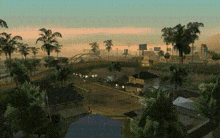 an aerial view of a city with palm trees in the foreground