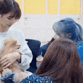 a woman is petting a small dog while sitting next to two other women .