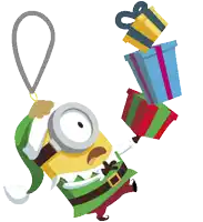 a cartoon illustration of a minion dressed as an elf holding gifts