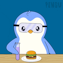 a penguin is holding a test tube and a hamburger on a plate