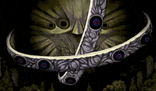 a painting of a skull with a circle around it and the letter r on the bottom