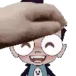 a hand is petting a cartoon character 's head with a smile on his face .