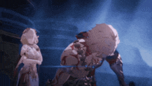 a video game character standing next to a woman