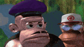 a cartoon monkey wearing a purple hat and a white hat with a red circle on it