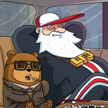 a cartoon drawing of a man with a beard wearing sunglasses and a belt with the letter r on it