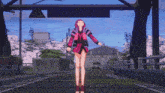 a girl in a red jacket is standing in the middle of a street with her arms outstretched